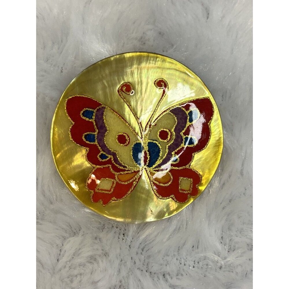 Chopmark Designs Decoupage Brooch on Mother of Pearl Shell Butterfly 1995